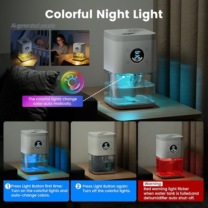 Small Dehumidifier for Bathroom – 63oz 35dB Quiet Auto Dehumidify (60/70%) & Continuous Mode for Bedroom Basement Closet RV, Auto Defrost & Auto Shut-Off, 7-Color Flowing Night Light & Timer.