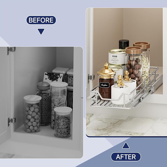 Pull Out Cabinet Organizer, 9" W x 21.5" D, Heavy Duty Chrome Slide Out Shelf for Narrow Base Cabinets, Sliding Wire Basket Drawer for Spices, Bottles, Snacks & Cleaning Supplies