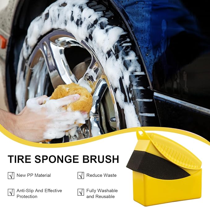 Car Tire Applicator Sponge Set of 2 Supplies Wheel Waxing Pad with Handle Fit for Easy Detailing Ergonomic Designs Reusable Tire Sponge (Black)