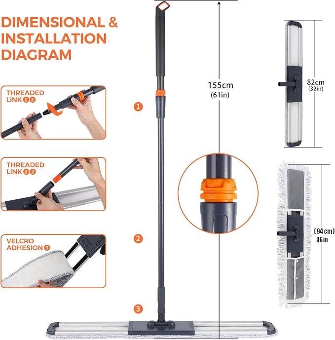 Dust Mop for Hardwood Floors 36 inch Commercial Industrial Floor Dust Mop with Extra 3 Mop Refill Pads 61 Inch Long Handle for Cleaning Office Garage Hardwood Warehouse Factory Mall Deck