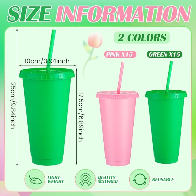 Honeydak 30 Pack Tumbler with Straw and Lid Bulk Cups for Gifts Water Bottle Iced Coffee Travel Mug Cup Reusable Plastic Tumblers for Party Birthdays 24-27 oz (Pink and Green Color)