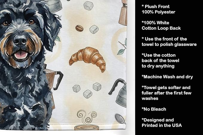 Caroline's Treasures Black Portuguese Water Dog Coffee Bar Kitchen Towel Velour Plush Front and Cotton Loop Back Machine Washable