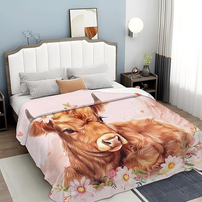 Tijuboni Pink Cow Throw Blanket Highland Cow Gifts for Girls Women Boys Men Kids Adults Soft Flannel Fleece Blanket for Couch Sofa Bed Home Decor 50"x60"