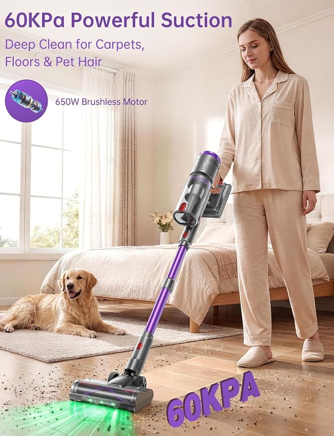 OXVAC Cordless Vacuum Cleaner, 60KPa 650W Stick Vacuum with 80Mins Runtime, Smart AUTO Mode, Anti-Tangle Brush, Self-Standing, Large Cup for Home, Pet Hair, Carpet & Hardwood Floor