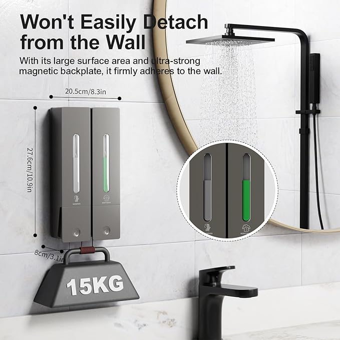 Shampoo and Conditioner Dispenser 2-Chamber Wall-Mounted Shower Soap Dispenser, No-Drill Installation, 800ML Capacity, Ideal for Bathrooms and Hotels (Gun Grey)