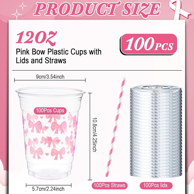 Yaomiao 100 Pcs Pink Bow Plastic Cups 12oz Disposable Clear Pink Plastic Cups with Lids and Straw Cute Bow Cup Bulk Birthday Wedding Party Favors Supplies for Cold Beverage