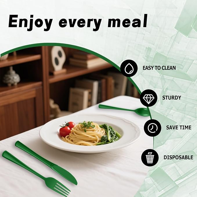 Plastic Silverware 150 PCS Disposable Silverware Heavy Duty Utensil Sets 50 Of Each Forks Knives & Spoons Disposable Cutlery Set For Easter,Birthday,Baby Shower,Garden Party,Wedding(150,Green)