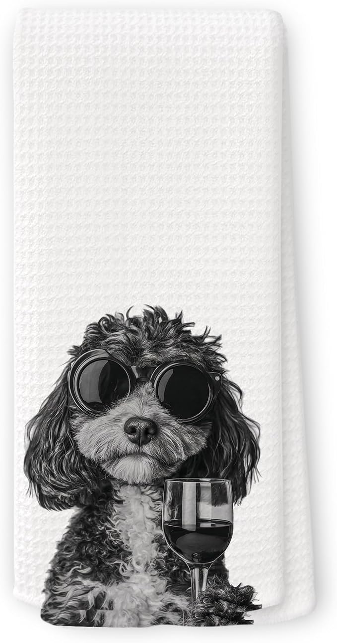Funny Cavapoo Wine Kitchen Towels, Gifts for Dog Wine Lovers, Bar Accessories Dish Tea Towels for Kitchen, Dog Owners Housewarming Gift Decorative Hand Towel 16x24 Inch