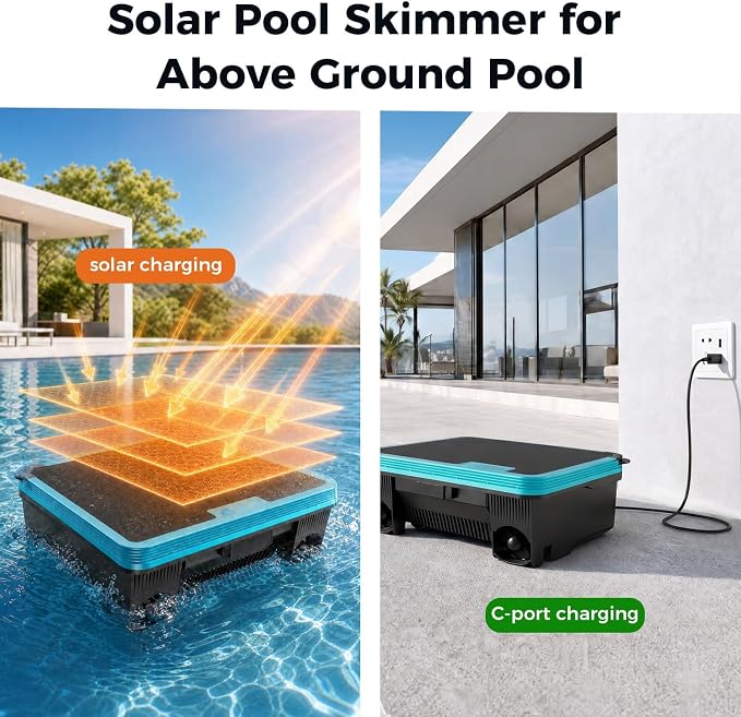 Pool Skimmer Robot,Over-Ground Robotic Pool Cleaner,Solar Powered Pool Vacuum,24H/7D Continuous Cleaning, 180-um, 3L Basket,APP Support