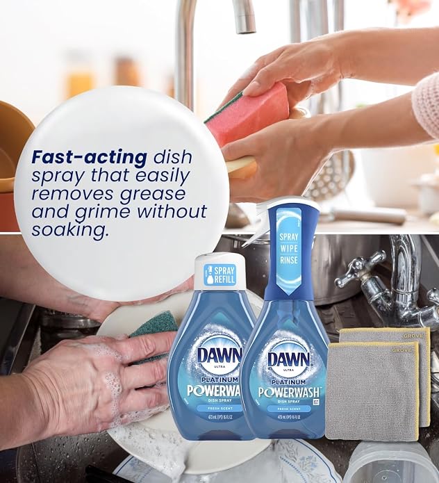 Platinum Powerwash Fresh Scent Liquid Dish Spray 16 oz + 16 oz Refill Bundle with Microfiber Cloth - Dish Soap - Powerwash for Dishes and Hard-to-Reach Items - (4 Items)