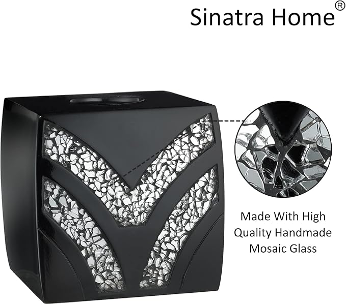 Zahari Home 2pc Sinatra Black Modern Bath Accessories Set Waste Basket & Tissue Box Modern Decorative Beautiful Designs Bathroom Decor Set for Home Luxury Bath Set Mosaic Glass