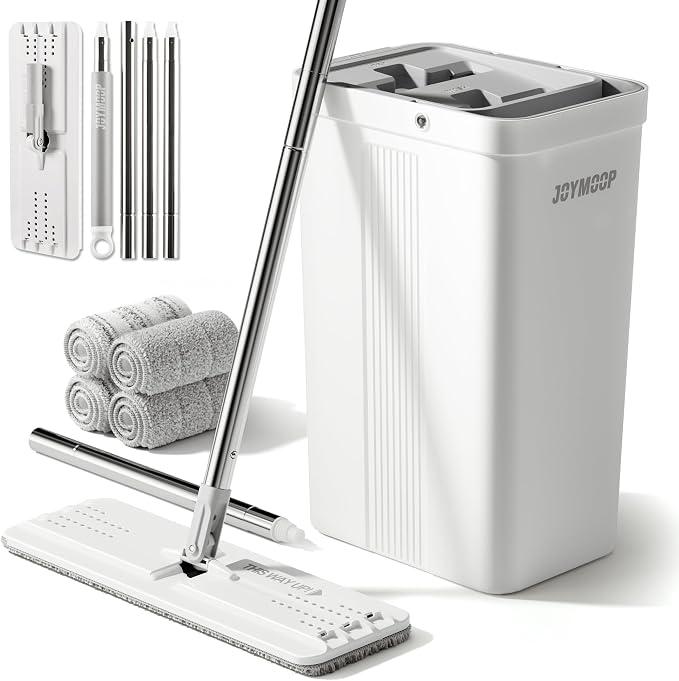 JOYMOOP Mops and Bucket with Wringer Set with 61" Mop Handle with Flexible 13" Flat Head with Flat Mop