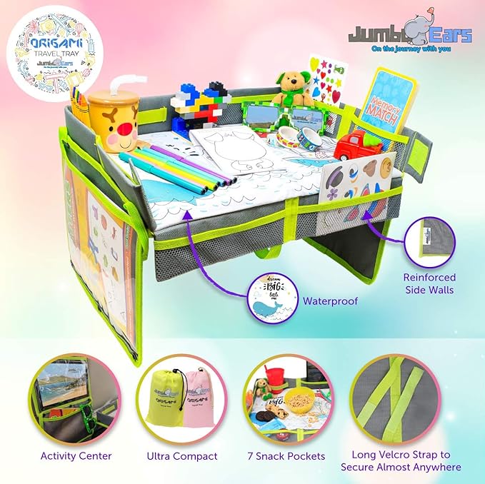 Gray Foldable Origami Kids Travel Tray Placemat Cover, Easy to Setup with Bonus Portable Multipurpose Side Pockets Organizer for Tablets and Phones Activities or Snacks for Toddler
