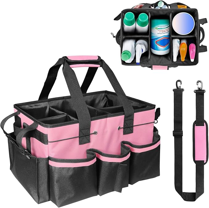 Grekos Large Cleaning Caddy Bags, Cleaning Caddy Suppliers Organizer with 4 Detachable Divider, Supply Caddy With Adjustable Shoulder Strap & Waist Belt For Housekeepers, Home, Car(Pink)