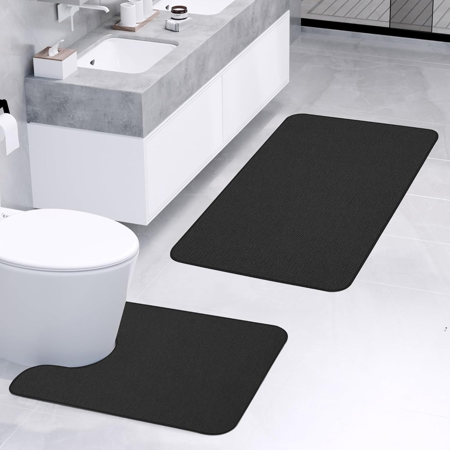 Bathroom Rugs Set 2 Pieces,Thin Bathroom Mats,Toilet Rugs,Quick Dry,Non-Slip,Machine Washable,Low Pile,Absorbent Bath Mats,Shower,Sink,Home Decor Accessories.Black,1'5"x2'3"+1'8"x2" U Shape