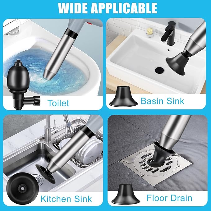 Fast Toilet Plunger High Pressure with Storage Bag, Heavy Duty Air Drain Blaster & Unclogger Tool, Clog Remover Kit & Toilet Snake Alternative for Bathroom, Toilets, Sinks, Tubs, Pipes (Gray)