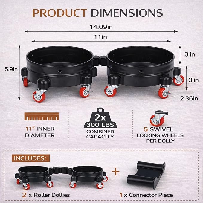 2 Pack 11.5" Bucket Wheels Base for 5-Gallon Buckets with Connector, Rolling Bucket Dolly Set, Easy Assembly for Two-Bucket Wash System, Car Wash, Construction & Garage Use, Black