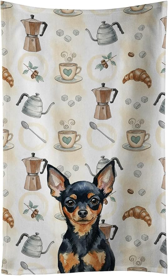 Caroline's Treasures Black and Tan Russian Toy Coffee Bar Kitchen Towel Velour Plush Front and Cotton Loop Back Machine Washable