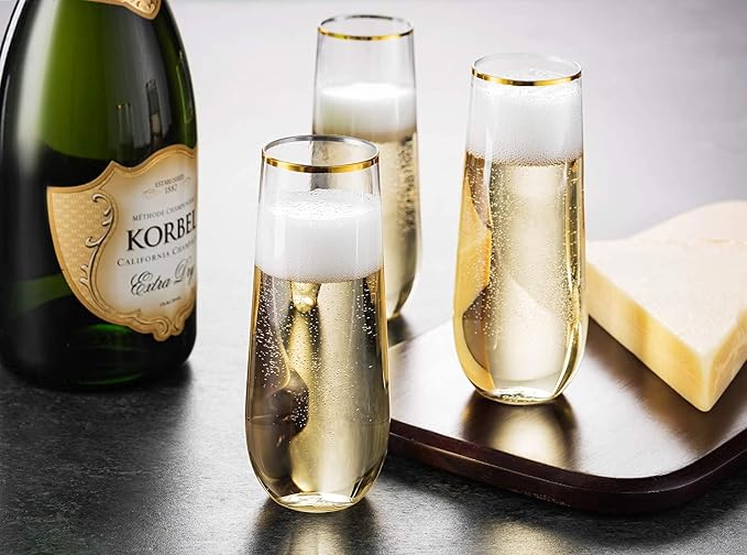 Munfix 36 Pack Stemless Plastic Champagne Flutes, Disposable 9 Oz Gold Rim Clear Plastic Toasting Glasses Shatterproof Recyclable and BPA-Free