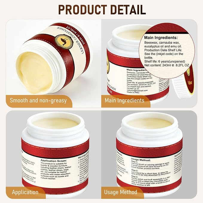 Leather Furniture Repair Salve 8.2oz - Polisher, Moisturizer, Softener, Restorer for Couch & Furniture - Resists Sun Damage, Fading & Cracking, Leather Cleaner & Conditioner for Leather/Wood