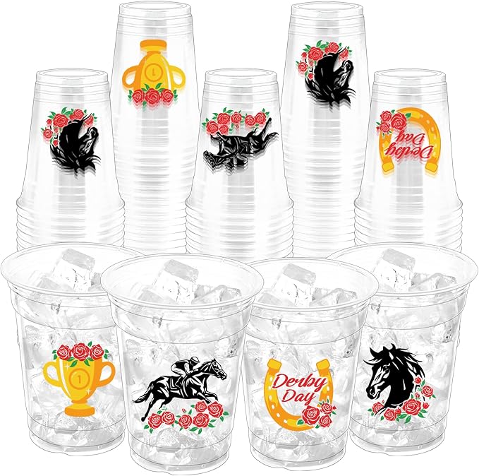 100Pcs Derby Horse Plastic Party Cups, 12oz Kentucky Race Disposable Clear Cups for Derby Party Decorations, Horse Racing Drinking Cup, Themed Birthday, Holiday Gatherings Favors