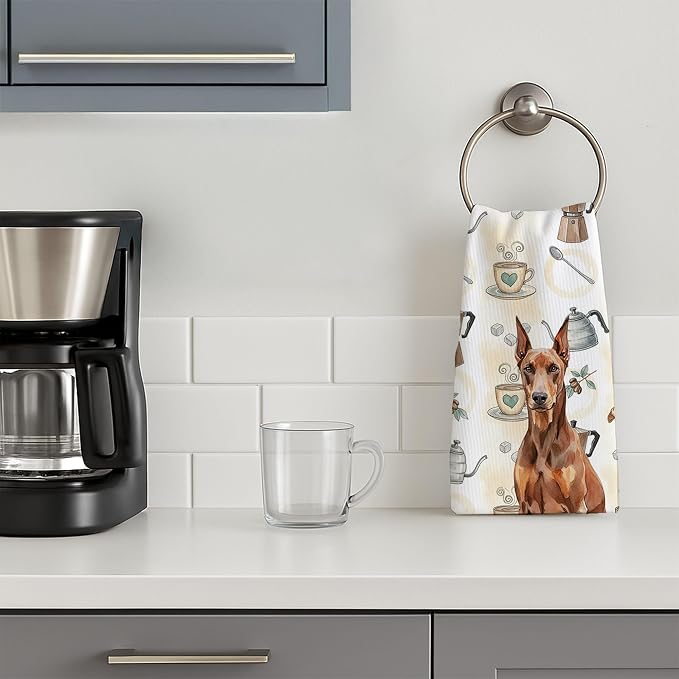 Caroline's Treasures Red Doberman Pinscher Coffee Bar Kitchen Towel Velour Plush Front and Cotton Loop Back Machine Washable