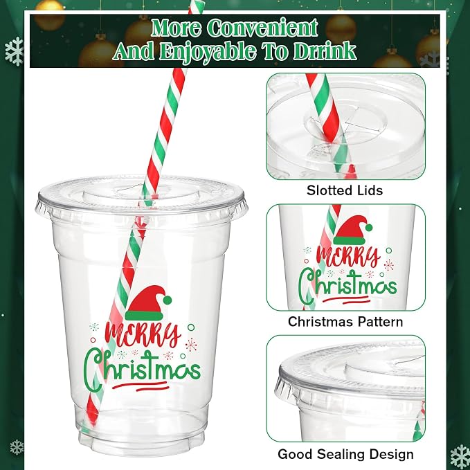 Yaomiao 300 Pcs 12 oz Christmas in July Plastic Cups with Lids and Straw Christmas Plastic Cups Merry Christmas Disposable Clear Cups Xmas Cups Holiday Cups for Beer Coffee Snacks Party