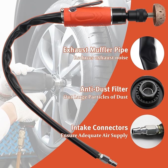 Low Speed Air Tire Buffer Kit, 2500 RPM Pneumatic Buffer Tool with Tungsten Buffing Wheels, Patch Roller and Inner Liner Scraper for Rubber Surface Prep and Patch Repair