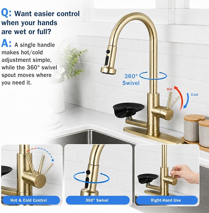 Kitchen Faucet with Glass Rinser for Sink, Pull Down Faucet with 3 Spray Modes and High Pressure Glass Rinser, Single Hole 2 in 1 High Arc Stainless Steel Kitchen Faucets (Brushed Golden)