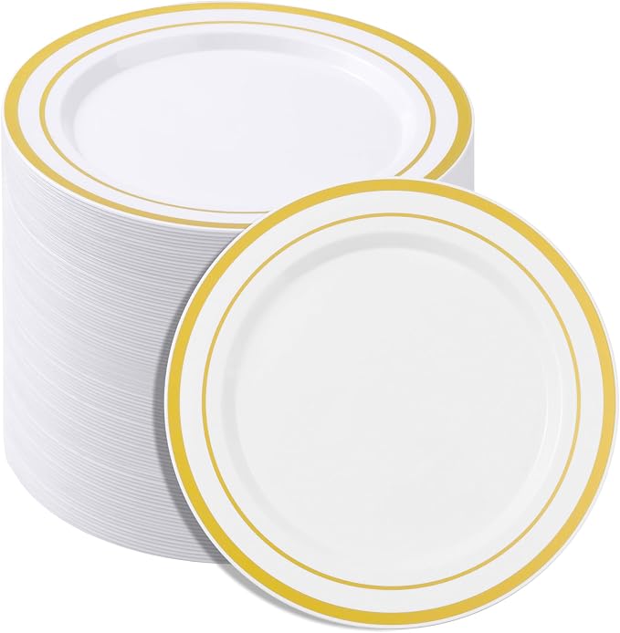 BESTSTAR 7 Inch White with Gold Rim Plastic Plates,100PCS Disposable Dessert/Appetizer/Small Cake Plates,Heavy Duty Plate Ideal for Wedding and Birthday