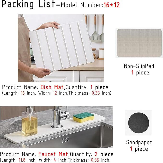 Diatomite Stone Dish Drying Mat & Faucet Mat Set – Absorbent Kitchen Countertop Protector, Fast-Drying, Non-Slip, Includes 1x Dish Mat & 1x Faucet Mat (16*12)