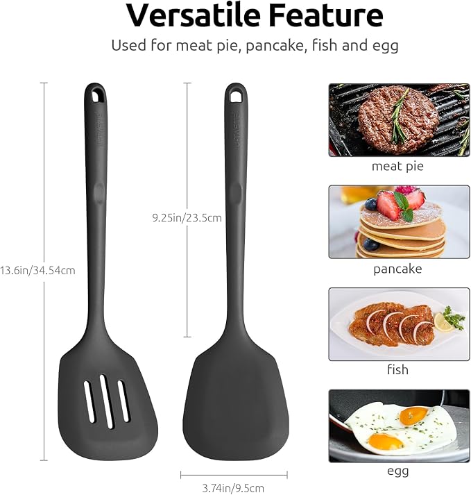U-Taste 600ºF Heat Resistant Food Grade Silicone Spatula Set of 4, and 600ºF Heat Resistant Silicone Turners, 13.6in Long Solid & Slotted Kitchen Spatula (Black)