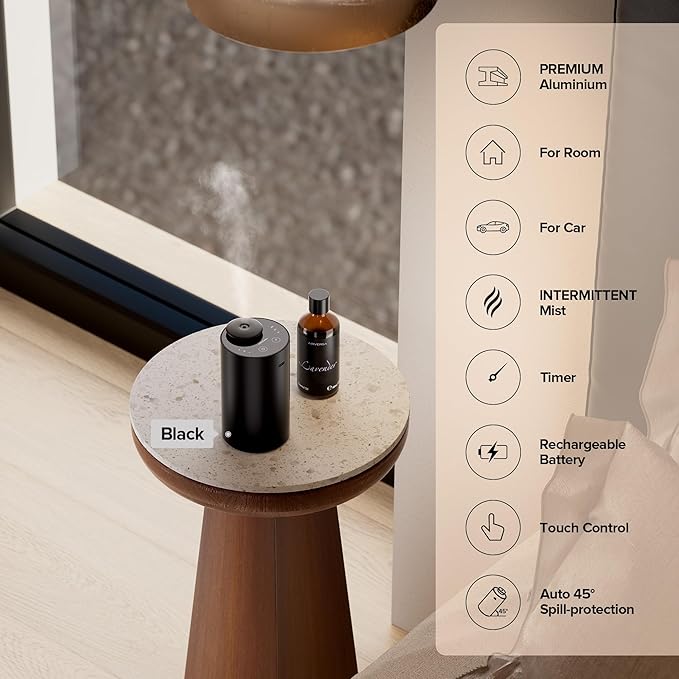 Airversa Waterless Essential Oil Diffuser for Home Aromatherapy Scent Diffusers with 3 Countdown Timer Settings or Timer-Off, 3 Mist Levels for Car Room Studio Office, ANX Titanium