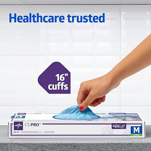 Medline CS Pro 16” Cuff Nitrile Exam Gloves, 50 Count, Medium, Powder Free, Disposable, Not Made with Natural Rubber Latex, Longer Cuff, Thicker Glove for Extra Protection