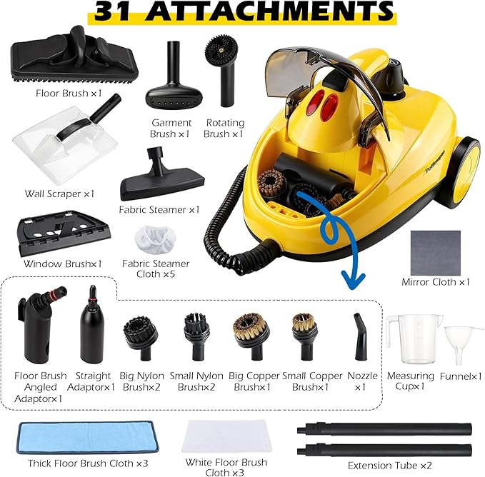 1500W Steam Cleaner 36-Piece All-in-One Attachments Kit, 99% Sanitization, 22ft Reach, 360° Rotating Brush for Home/Car/Tile/Grout/Wallpaper Removal, Chemical-Free Cleaning (31 in 1)