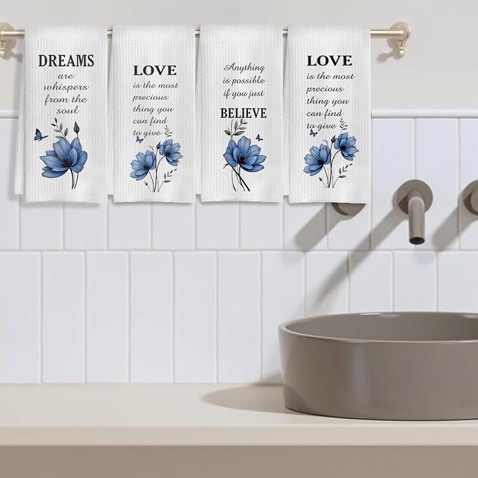 Inspirational Floral Kitchen Towels, Dreams Faith Believe Love Blue Floral Hand Towels for Bathroom, Inspirational Motivational Gifts Dish Tea Towels for Kitchen Decor, 16x24 Inch Set of 4