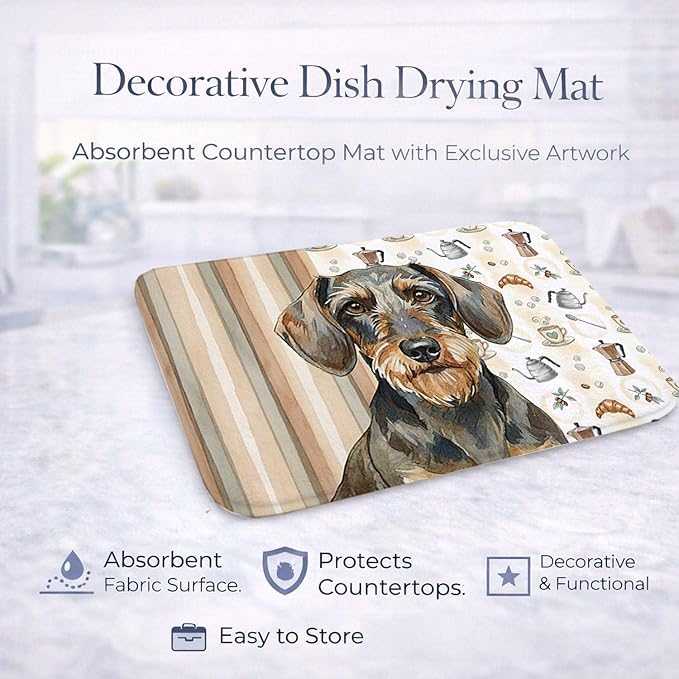 Caroline's Treasures Wirehaired Wild Boar Dachshund Coffee Bar Dish Drying Mat Absorbent Dish Drying Mat Pad for Kitchen Counter Dish Drainer Mat for Countertop, 14 x 21", Multicolor
