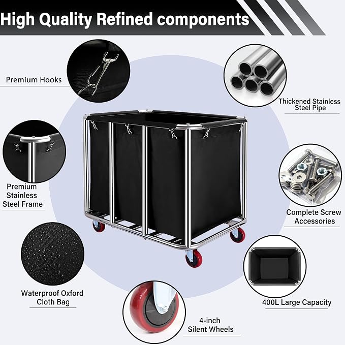 Commercial Laundry Cart with Wheels, 400L Capacity Heavy Duty Large Laundry Basket with Watertight Oxford Bag and Sturdy Steel Frame for Home, Hotel,Hospital,440 lbs(Black)