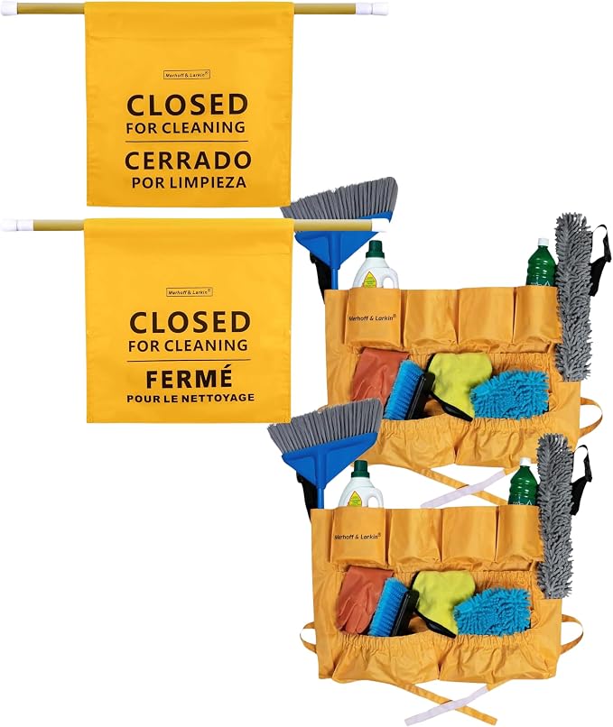 Janitorial Cleaning Bundle | 2-Pack Trash Can Caddy Bag & Expandable Closed for Cleaning Sign | Fits 32-55 Gallon Bins | Multilingual Restroom Safety Banner for Custodians, Restrooms & Commercial Use