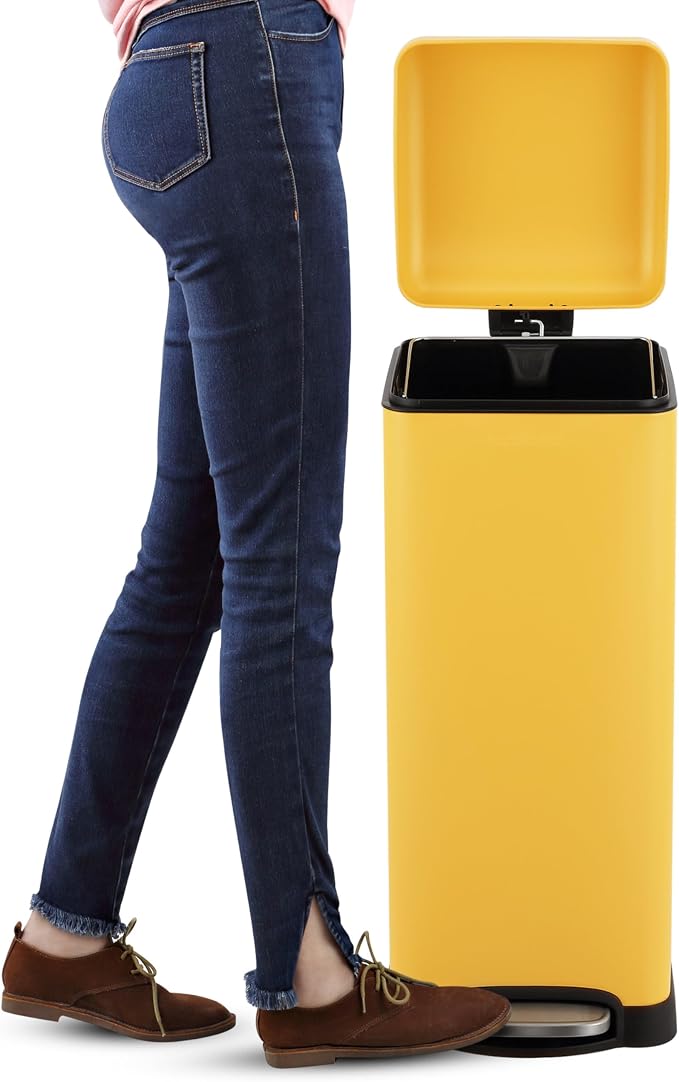 happimess HPM1007K Betty Retro 8-Gallon Step-Open Trash Can, Daffodil Yellow with Soft-Close Lid, Fingerprint Resistant, Modern, Minimalistic for Home, Kitchen, Laundry Room, Office, Bedroom, Bathroom