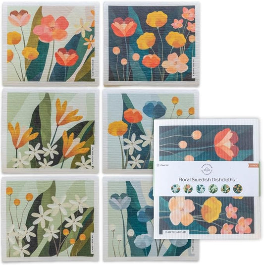 Swedish Dishcloths – Floral Designs Gift Set – Reusable Compostable Cellulose Sponge Cloth – Eco-Friendly Paper Towel Alternative 6 Pack
