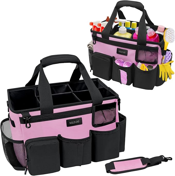 Wearable Cleaning Caddy Bag,Cleaning Supply Tote for Cleaning Supplies, Cleaning Organizer with Adjustable Shoulder and Waist Straps for Cleaners & Housekeepers (Pink, Large)
