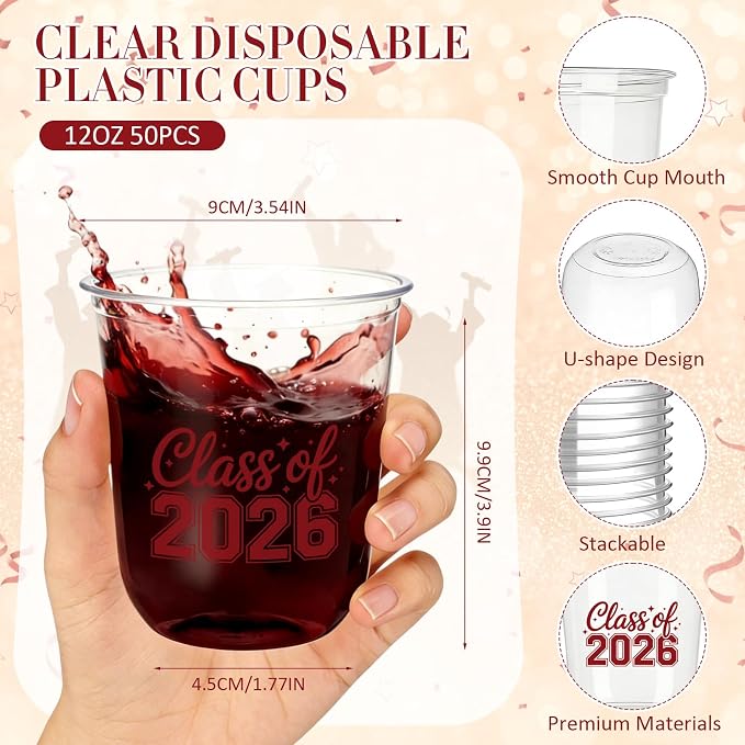 Potchen 50pcs Graduation Cups Class of 2026 12oz Clear Plastic Graduation Party Cups for 2026 Celebration Party Supplies Congrats Grad Tableware Decoration(Maroon)