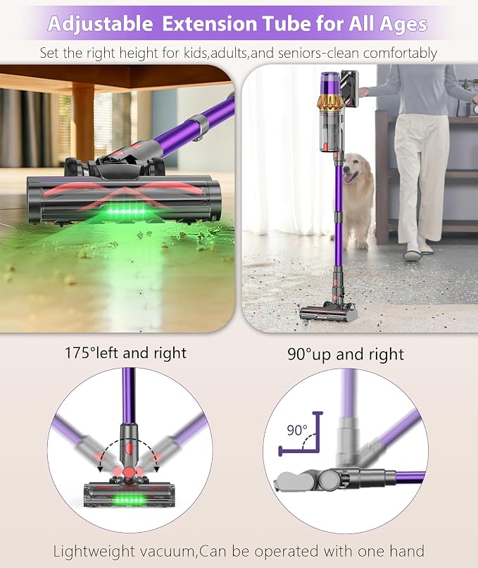 Cordless Vacuum Cleaner, 650W 55KPA 70Mins Anti-Tangle Wireless Vacuum,Rechargeable Vacuum with Green Light,Powerful Stick Vacuum for Home Carpet/Hardwood Floors,Purple