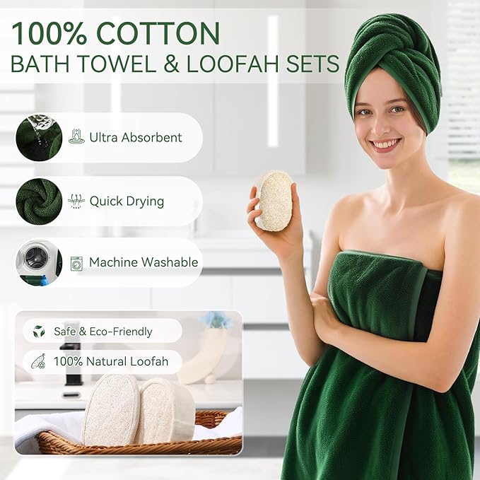Resin Green Bathroom Set, Dark Green Bathroom Accessories Set with Shower Curtain, Bath Towel Sets, Natural Loofah Sponge, Soap Dispenser, Toothbrush Holder, Bathroom Tumbler and Tray for Bathroom