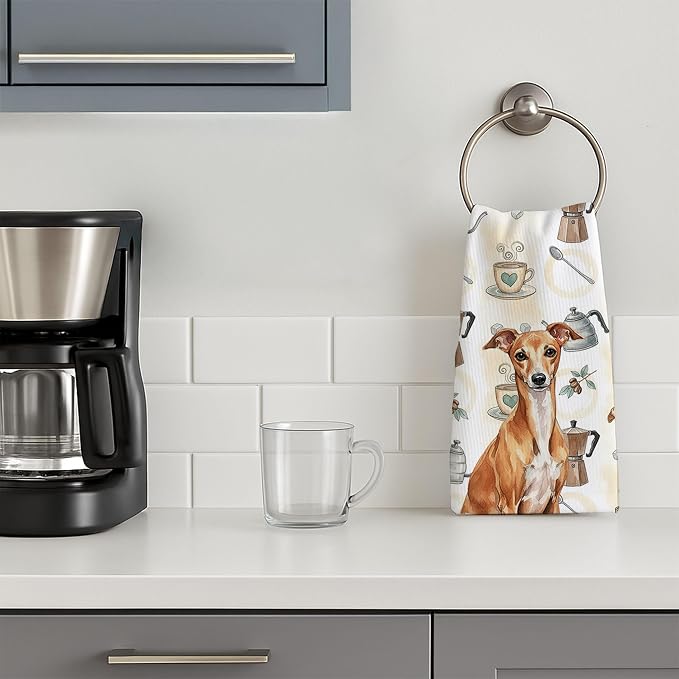 Caroline's Treasures Red Italian Greyhound Coffee Bar Kitchen Towel Velour Plush Front and Cotton Loop Back Machine Washable