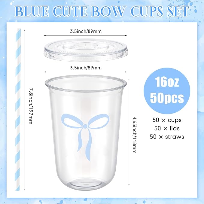 LemonRoad 50sets 16oz Blue Bow Cups Blue Birthday Party Decorations Supplies Cute Plastic Cups Disposable with Lids and Straws, for Valentines Galentines Day Christmas Wedding Baby Shower Decorations