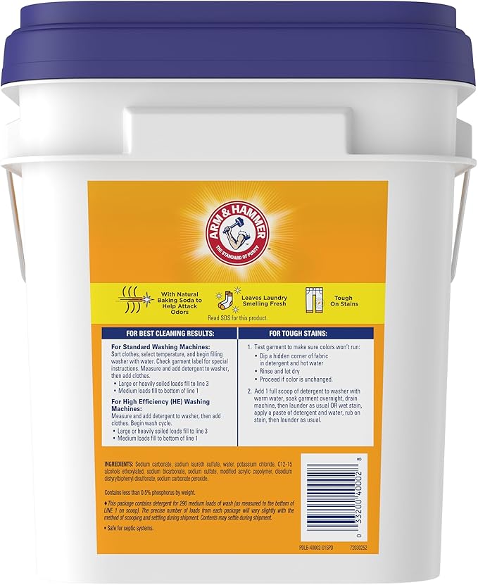 Arm & Hammer Powder Laundry Detergent, Professional Soap for Washing Clothes, 290 Loads, Free and Clear, Bulk 18lb Pail
