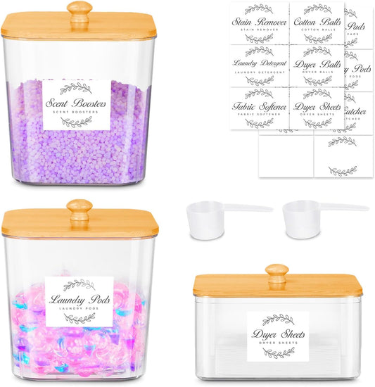 efluky 3 Pack Laundry Pods Container & Dryer Sheet Holder Set,Clear Laundry Room Organization Containers with Bamboo Lids and Labels,Laundry Pods Holder for Scent Booster,Powder,Pod