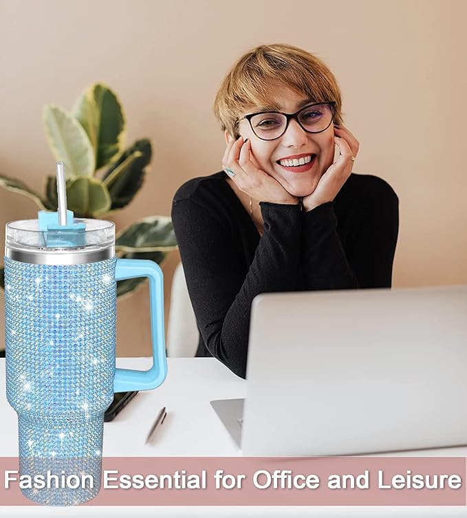 HWISDMIG 40oz Tumbler with Handle-Glitter Rhinestones Tumbler Bling Cups Stainless Steel Water Bottle Diamond Studded Tumbler for Women-Birthday Gifts for Women, Mom, Girlfriend (40 oz, Turquoise)